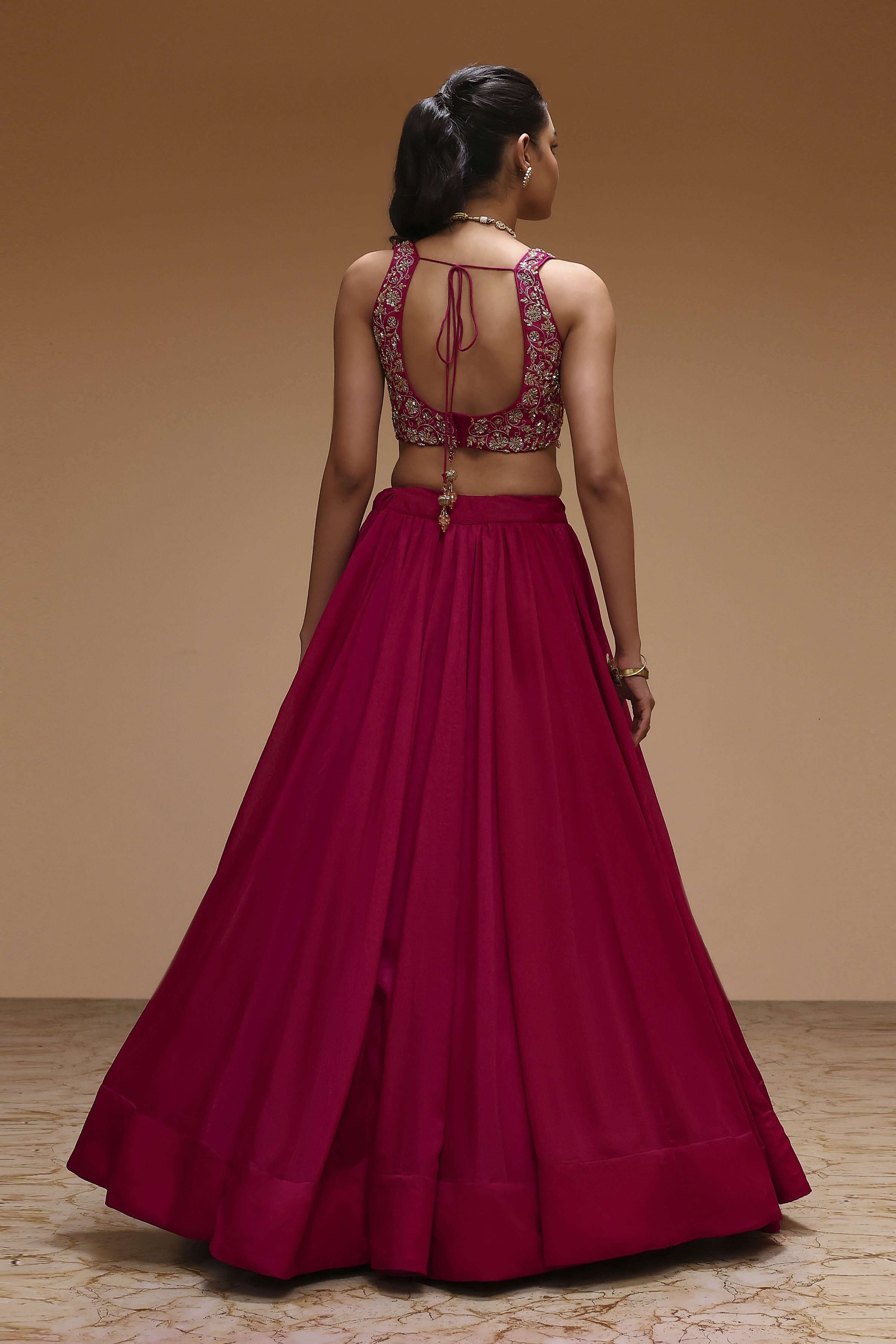 Berry Pink Pure Chinnon Hand Embroidered Lehenga Set image number 4