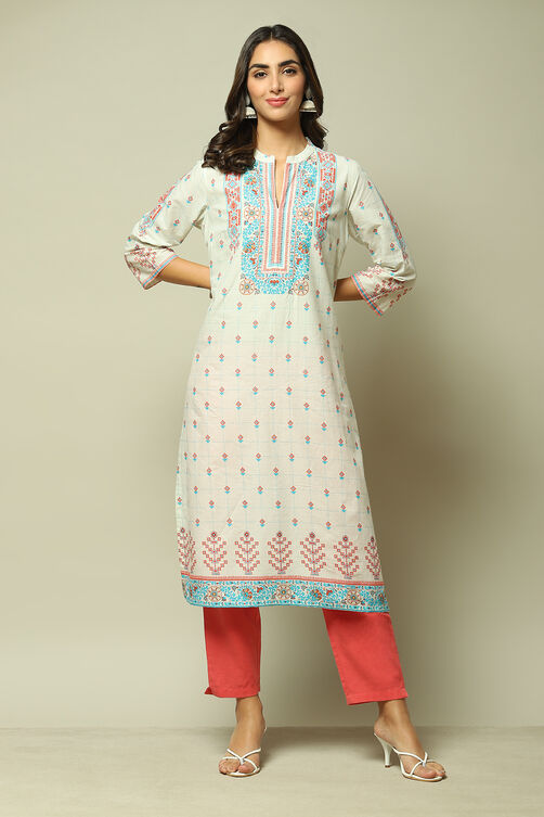 Beige Cotton Straight Printed Kurta image number 6