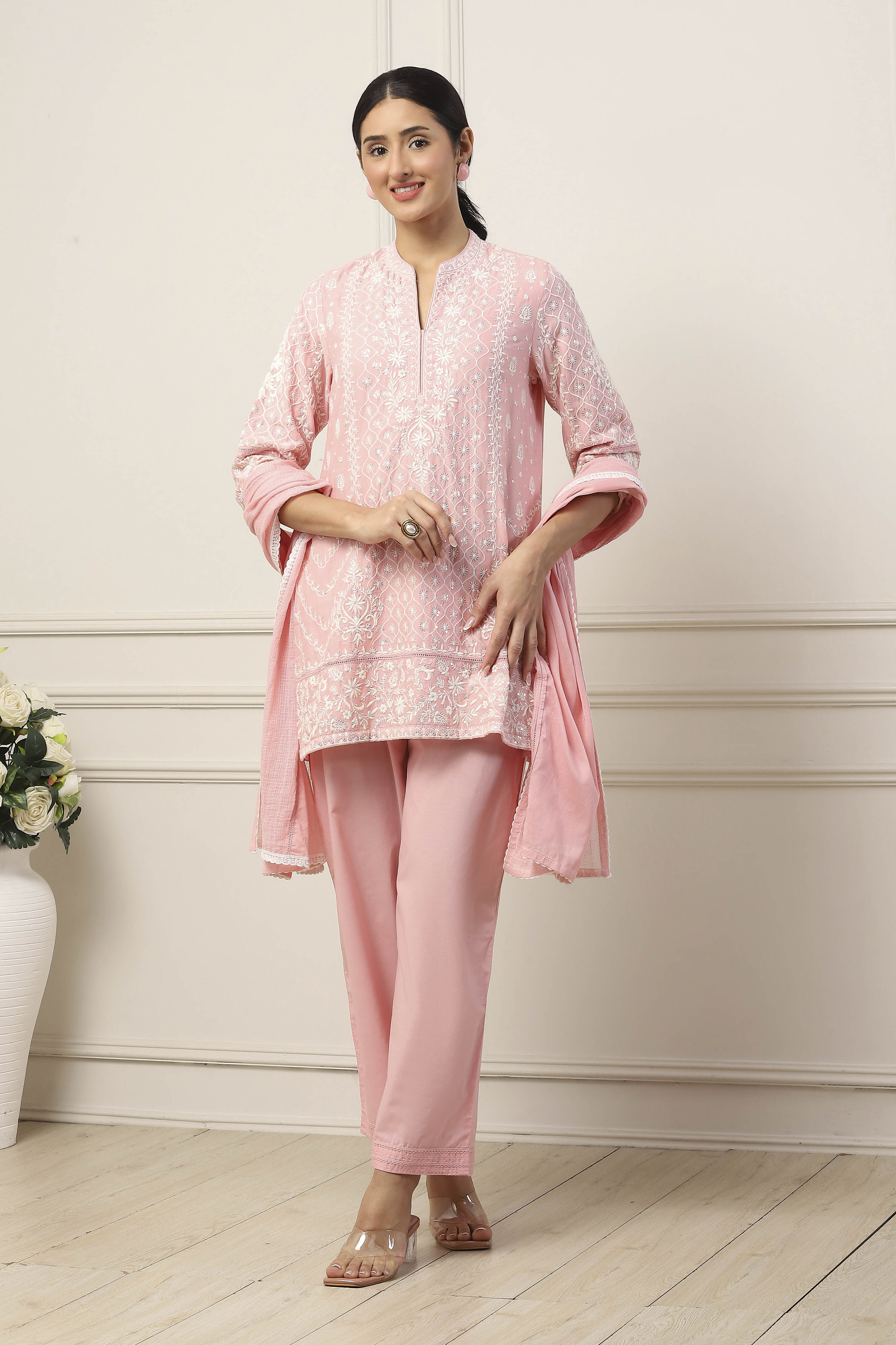 Pink Cotton Floral Printed Regular Suit Set image number 6