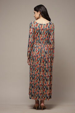 Beige & Brown Cotton Blend Flared Printed Dress image number 2