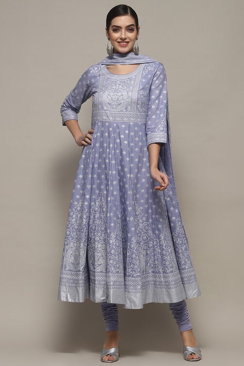 Powder Blue Cotton Anarkali Suit Set image number 0