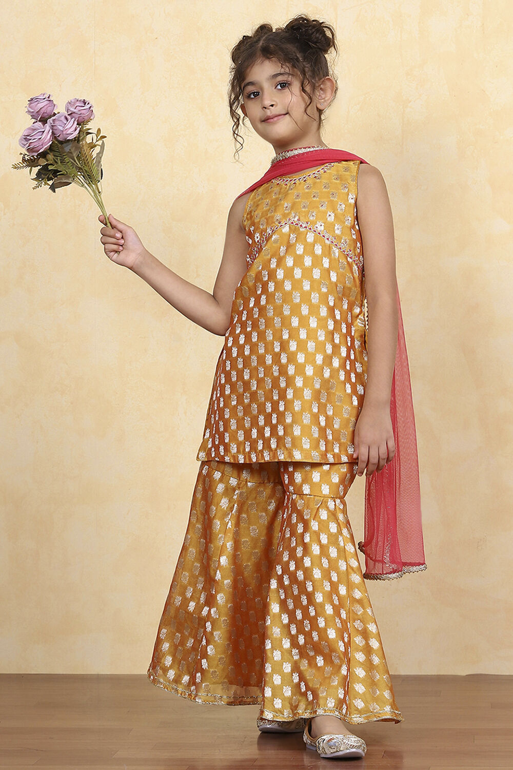 Yellow Brocade Yarndyed Fitted Sharara Suit Set image number 6
