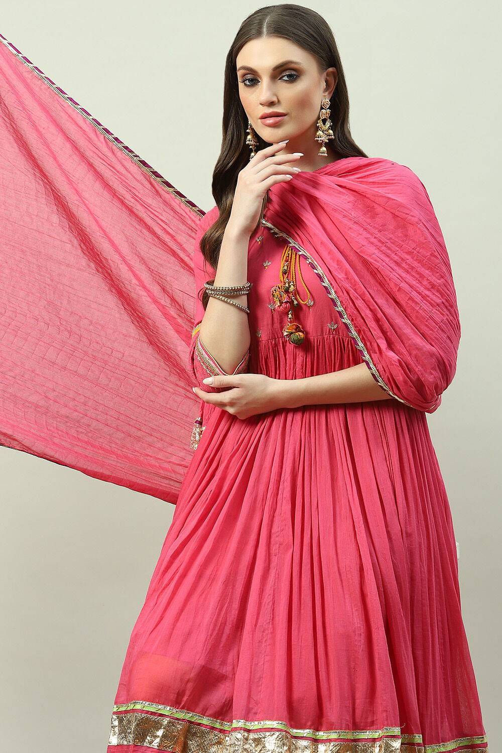 Pink Cotton Anarkali Kurta Palazzo Suit Set image number 3
