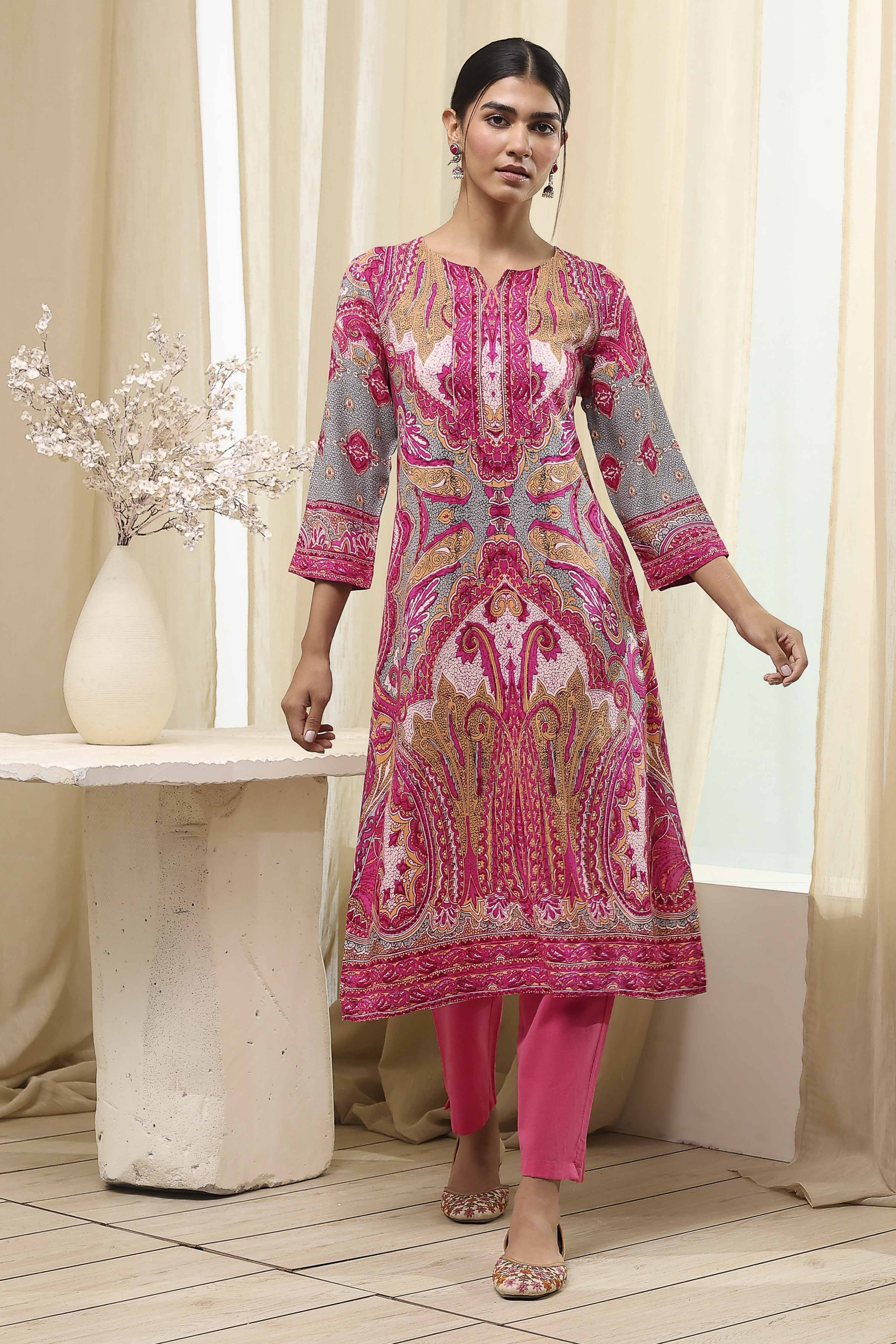 Pink Printed Straight Kurta image number 0