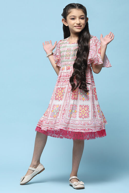 Pink Mosaic Printed Chiffon Dress With Smocking On Yoke image number 5