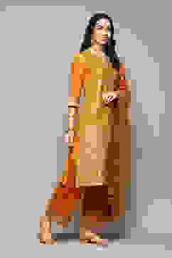 Mustard Cotton Blend Straight Yarndyed Kurta Palazzo Suit Set image number 6