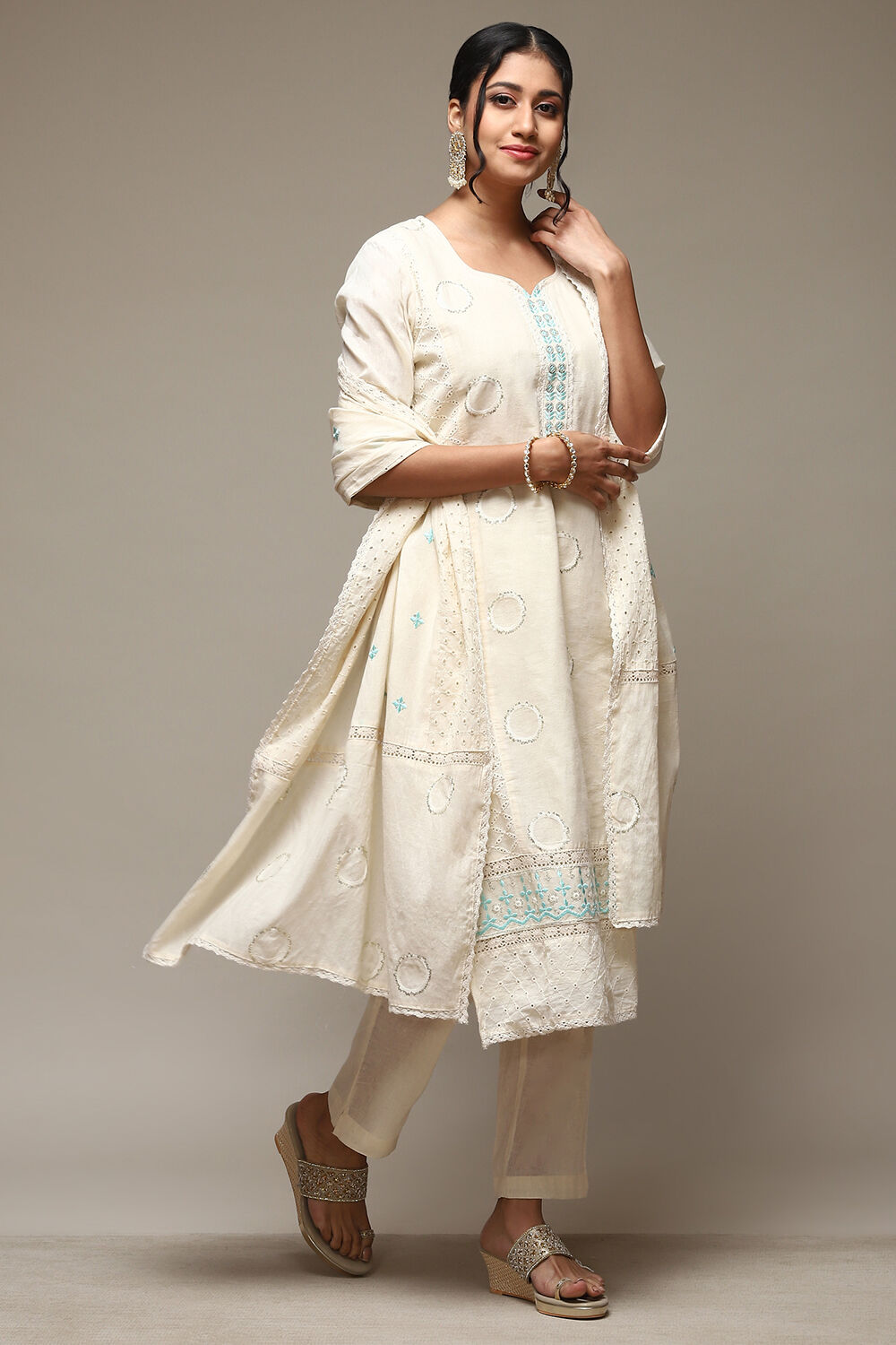 Off White Cotton Schiffly Unstitched Suit Set image number 7