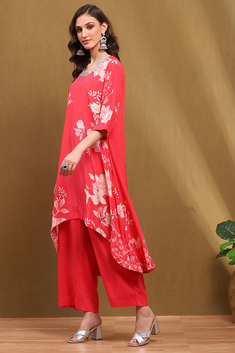 Coral Modal Floral Printed Asymmetric Kurta Set image number 3