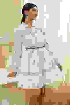 Off-White and Blue Cotton Floral Tiered Dress image number 6