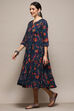 Green & Maroon Cotton Flared Printed Dress image number 2