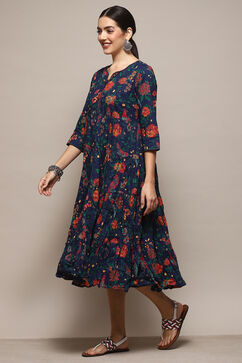 Teal Cotton Flared Printed Dress image number 2