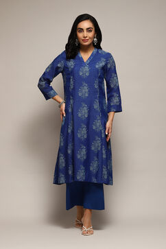 Royal Blue Polyester A-Line Printed Kurta Palazzo Suit Set image number 0