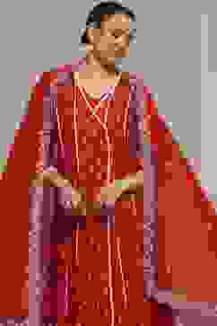 Red Chanderi Embroidered Kalidar Suit Set image number 6