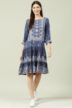Blue Cotton Flared Fusion Dress image number 0