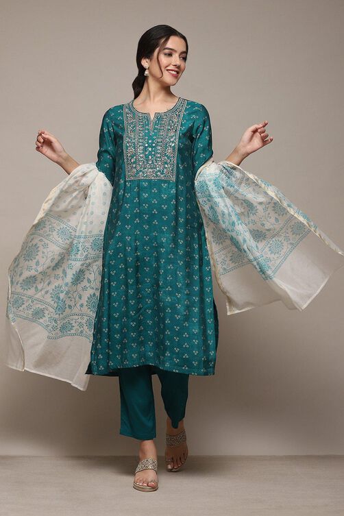 Peacock Green Modal Straight Kurta Slim Pant Suit Set image number 0