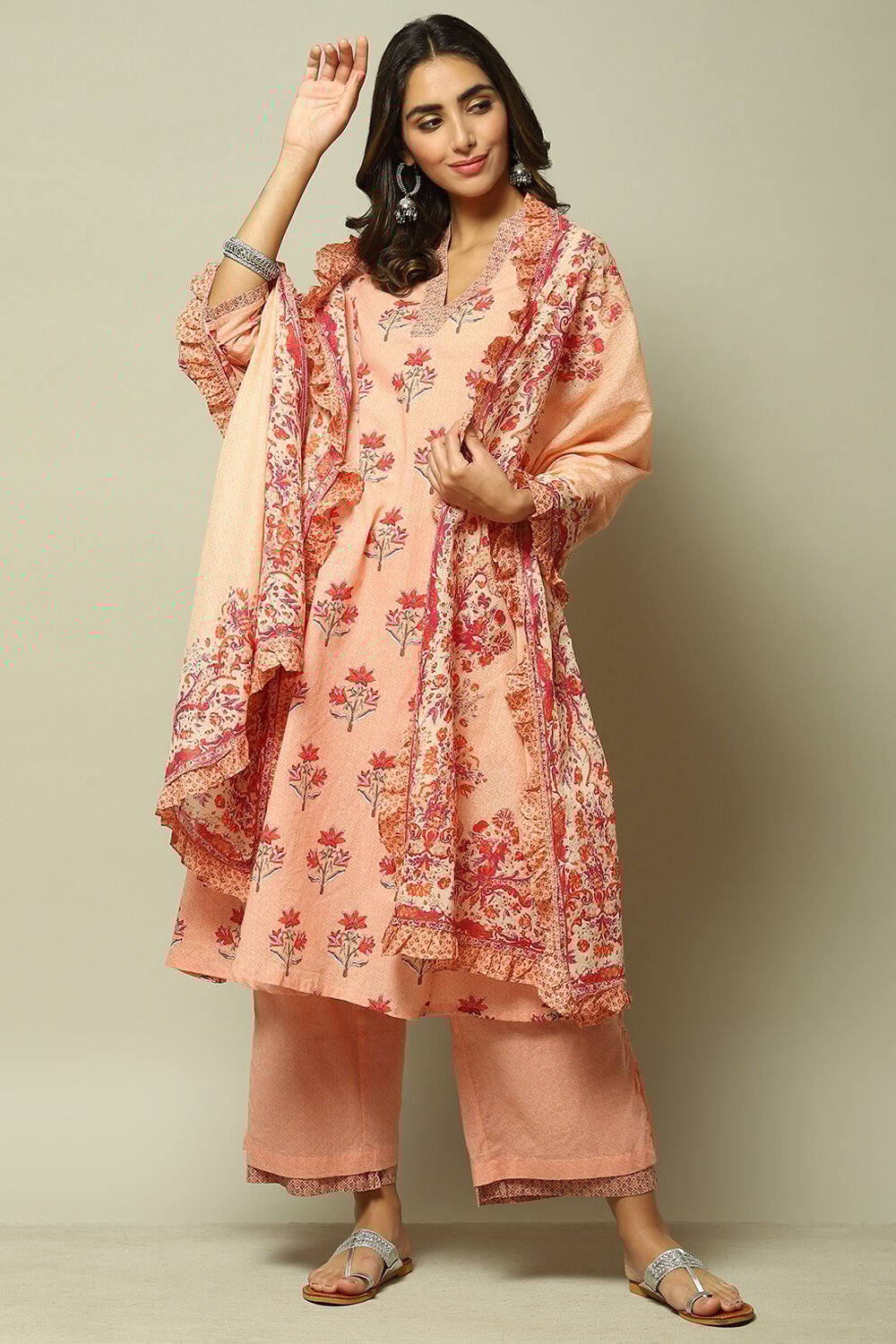 Peach Cotton A Line Kurta Palazzo Suit Set