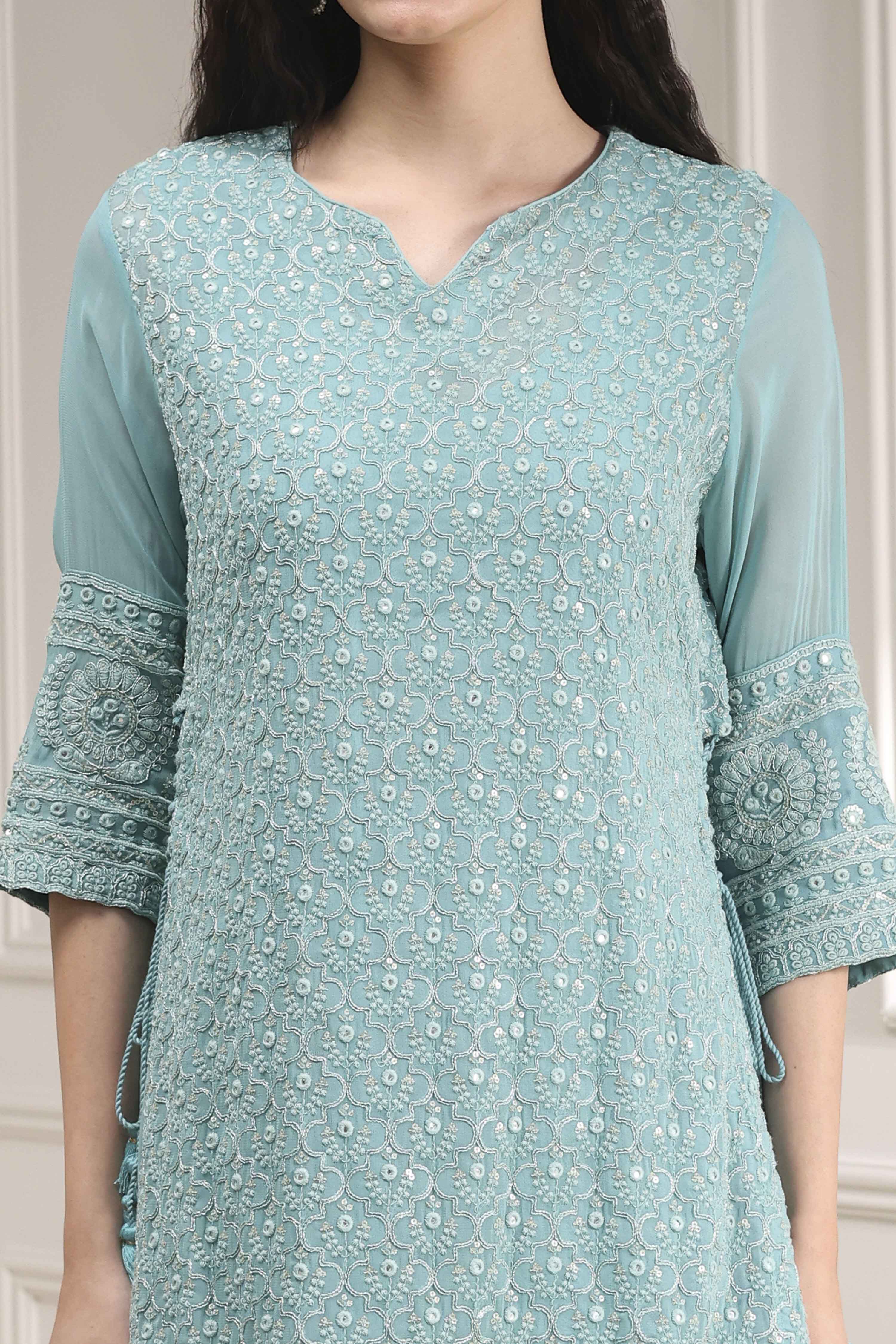 Powder Blue Cotton Blend Layered Embroidered Fusion Set image number 1