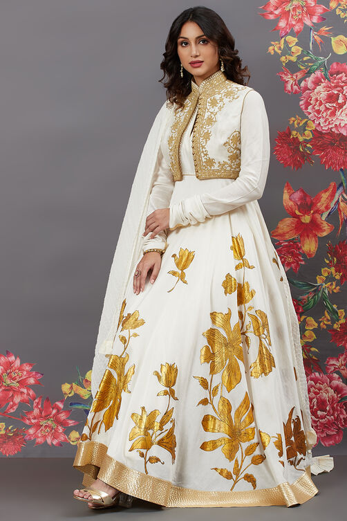 Rohit Bal Off White Cotton Silk Anarkali Printed Suit image number 4