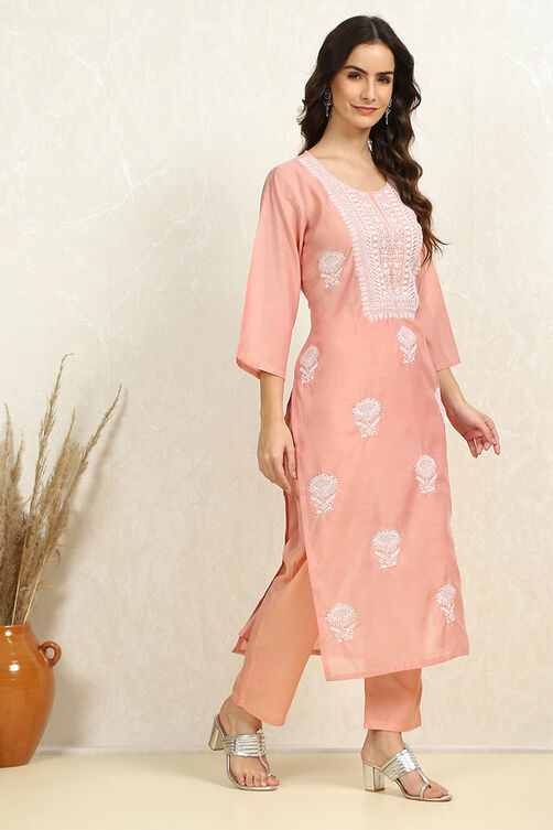 Peach Chanderi Machine Embroidered Unstitched Suit Set image number 6