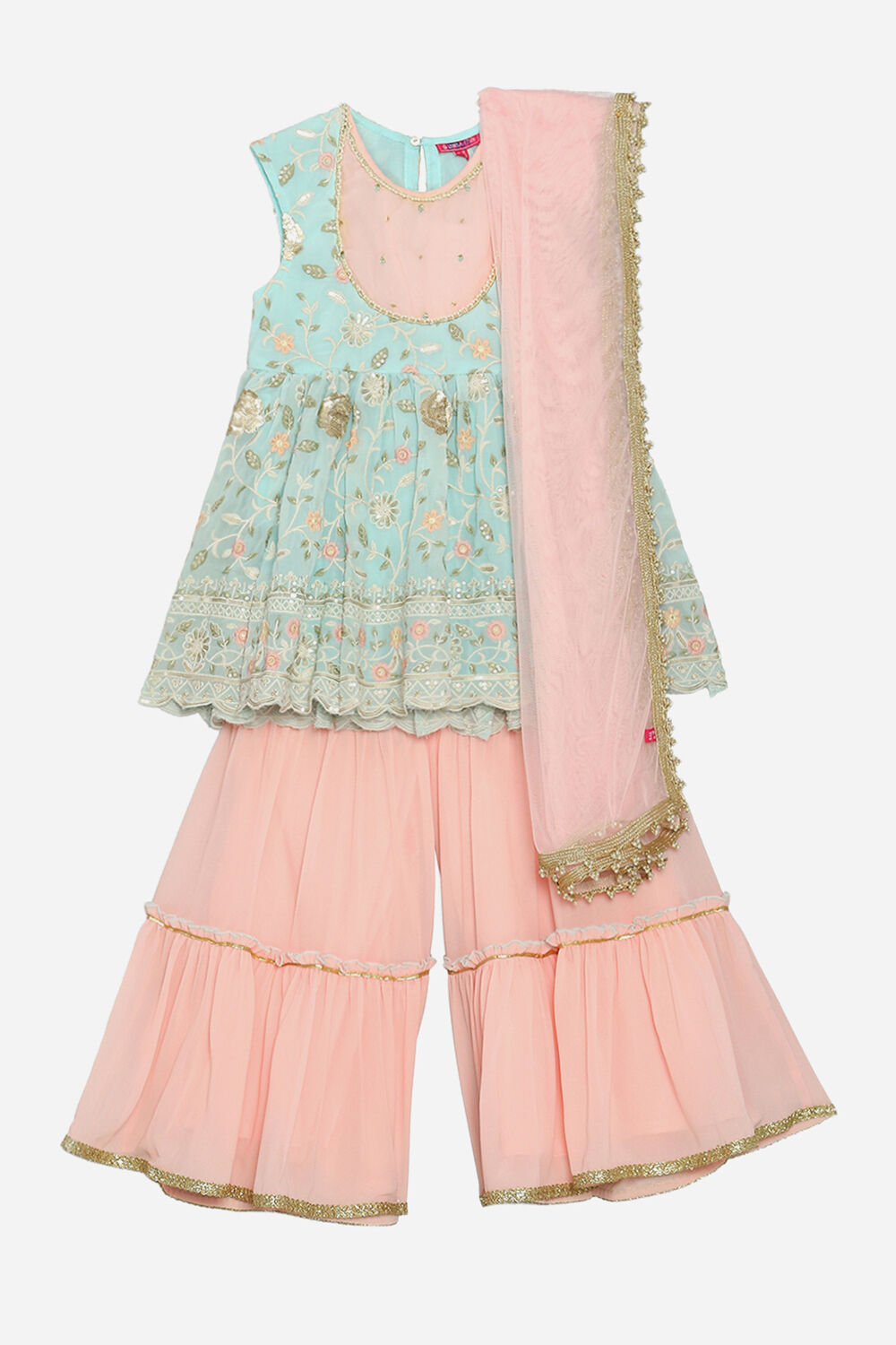 Aqua Blue and Pink Embroidered Peplum Suit Set image number 0