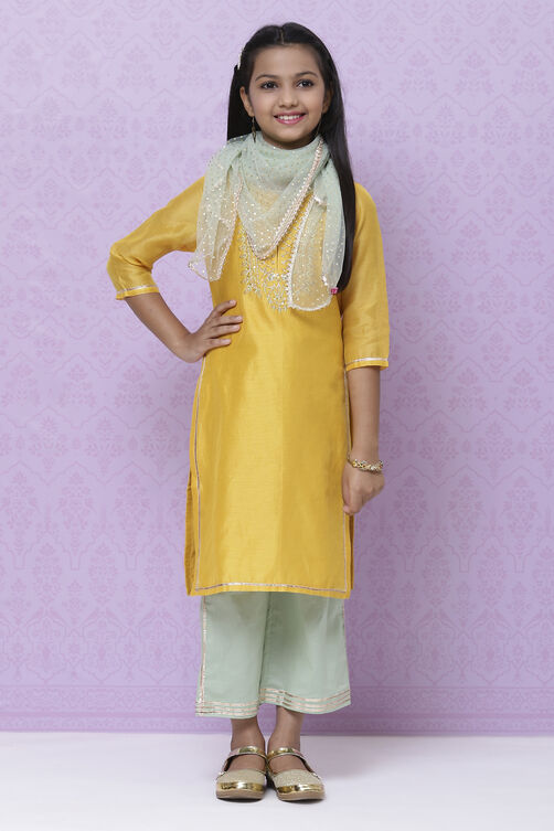 Yellow And Green Poly Cotton Girls Straight Straight Kurta Palazzo Suit Set image number 6