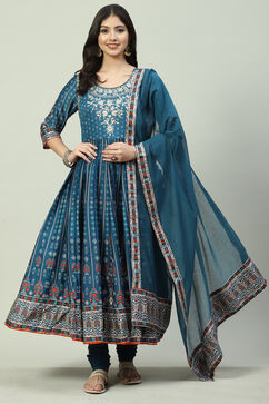 Teal Cotton Anarkali Kurta Churidar Suit Set image number 0