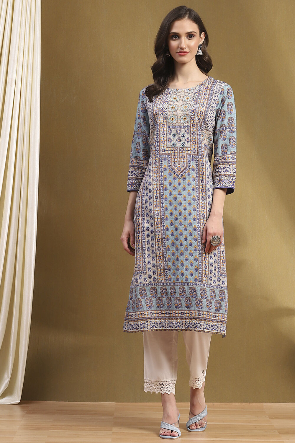 Blue Cotton Printed Straight Kurta image number 5