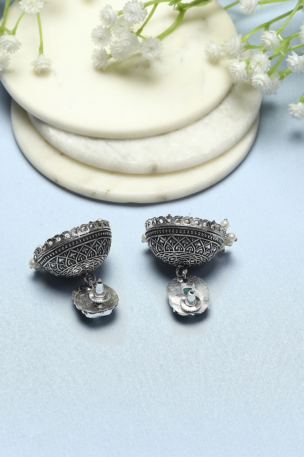 Mint Green Oxidised Stone Studded Jhumkas image number 2