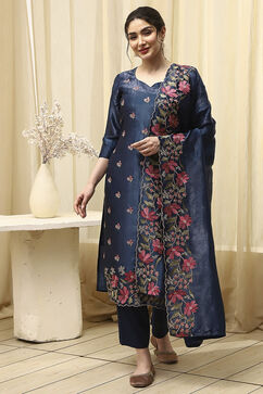Navy Blue Tissue Machine Embroidered Unstitched Suit Set image number 1