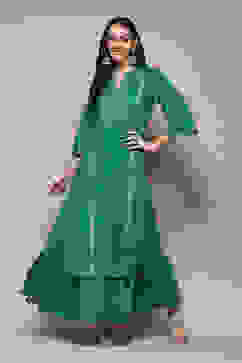 Green Cotton Flared Printed Kurta image number 0