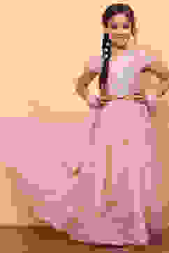 Peach-Toned Poly Chanderi Embellished Straight Lehenga Set image number 0