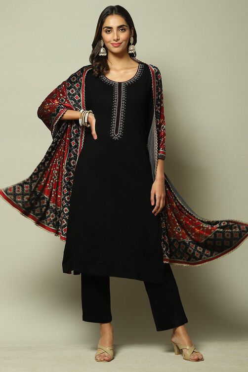 Black Cotton Straight Kurta Pants Suit Set