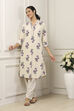Off White & Purple Cotton Floral Printed A-Line Kurta