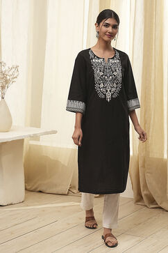 Black Cotton Straight Embroidered Kurta image number 5