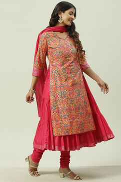 Fuschia Cotton Layered Kurta Churidar Suit Set image number 7