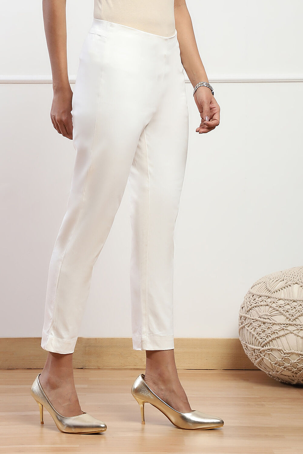 Beige Cotton Blend Slim Pant image number 3