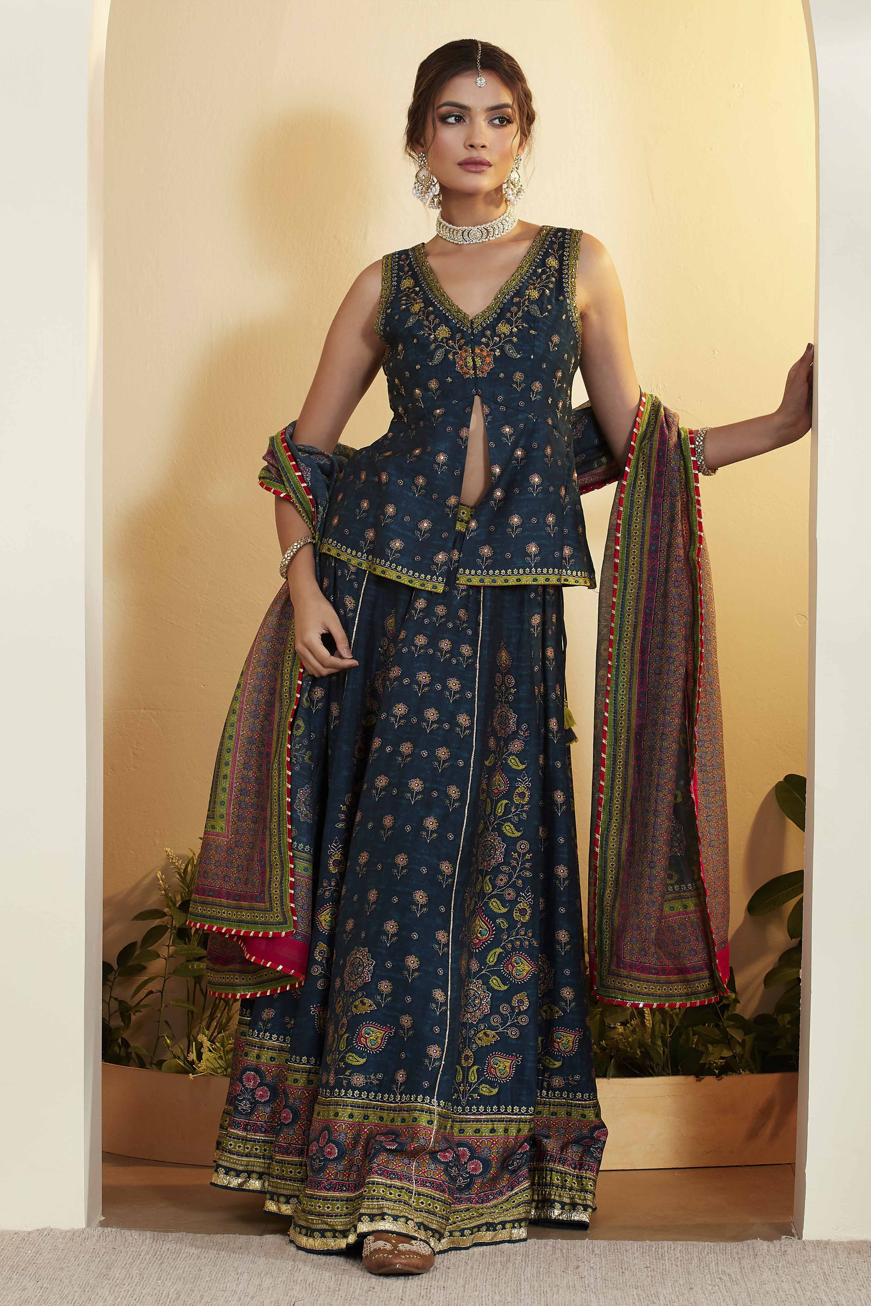 Blue Viscose Silk Floral Printed Peplum Lehenga Set image number 0
