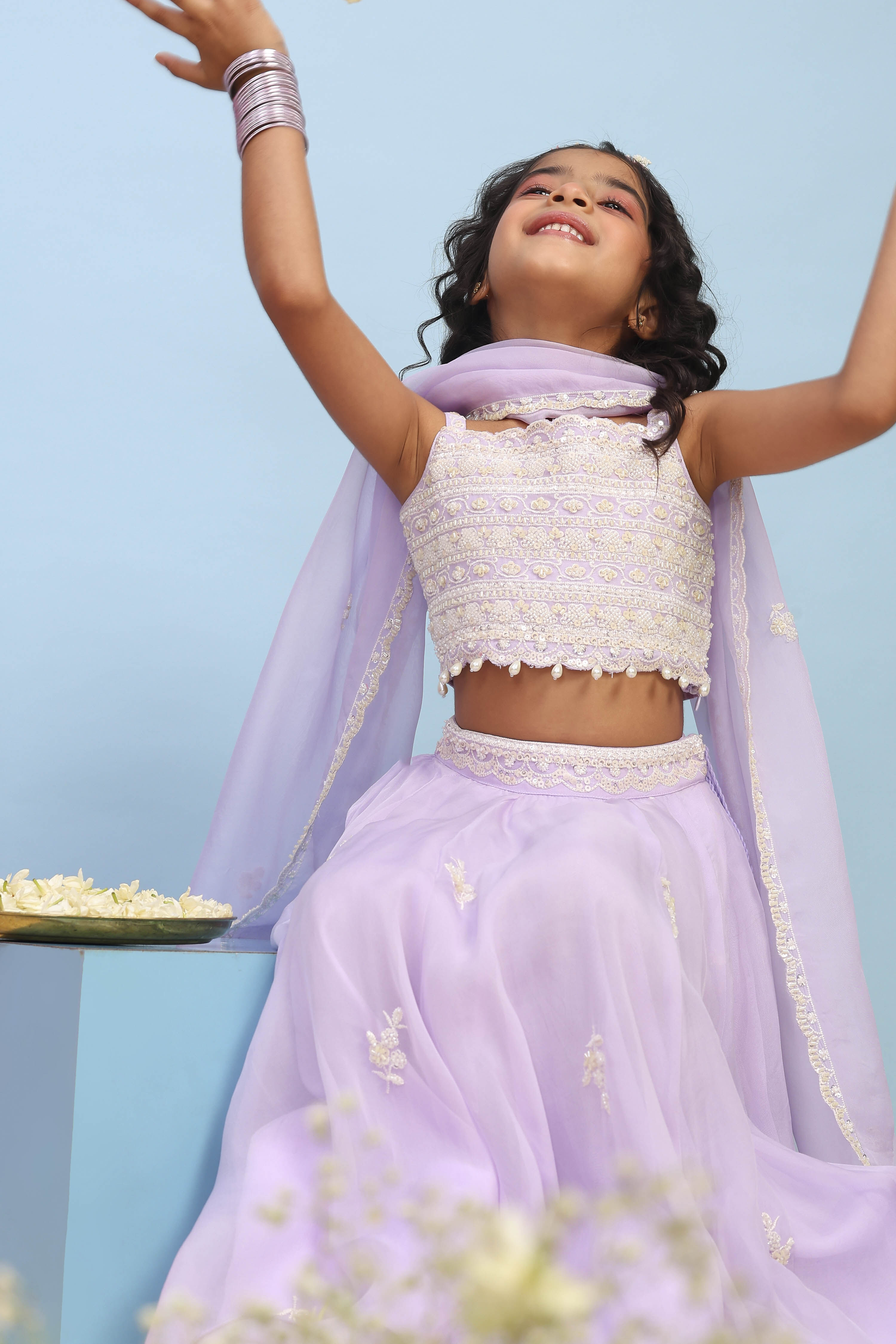 Lilac Viscose Rayon Embroidered Flared Lehenga Set image number 7