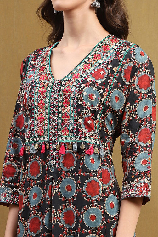 Black Cotton Printed Kalidar Kurta Set image number 1