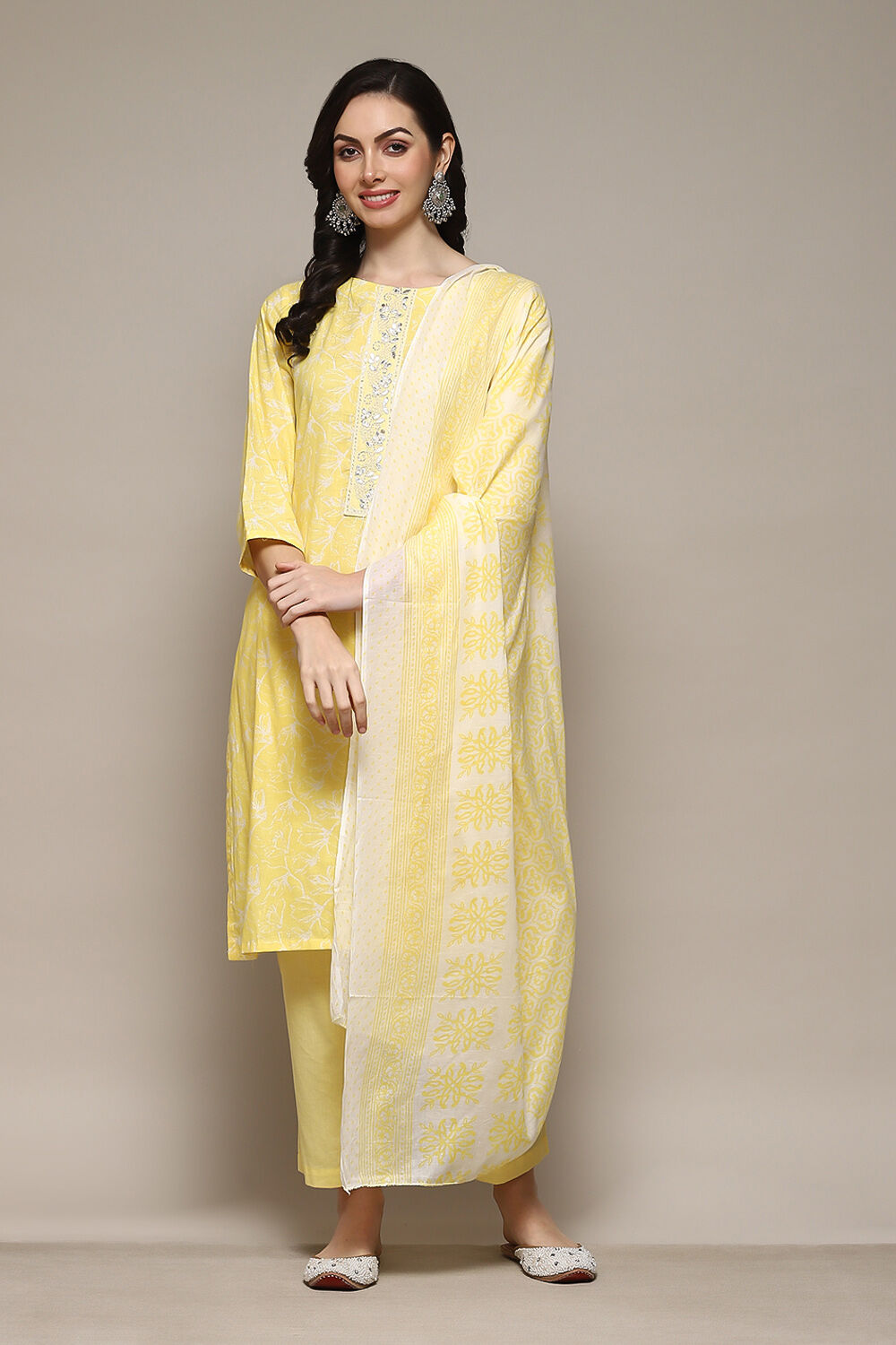 Yellow Cotton Hand Embroidered Unstitched Suit Set image number 8