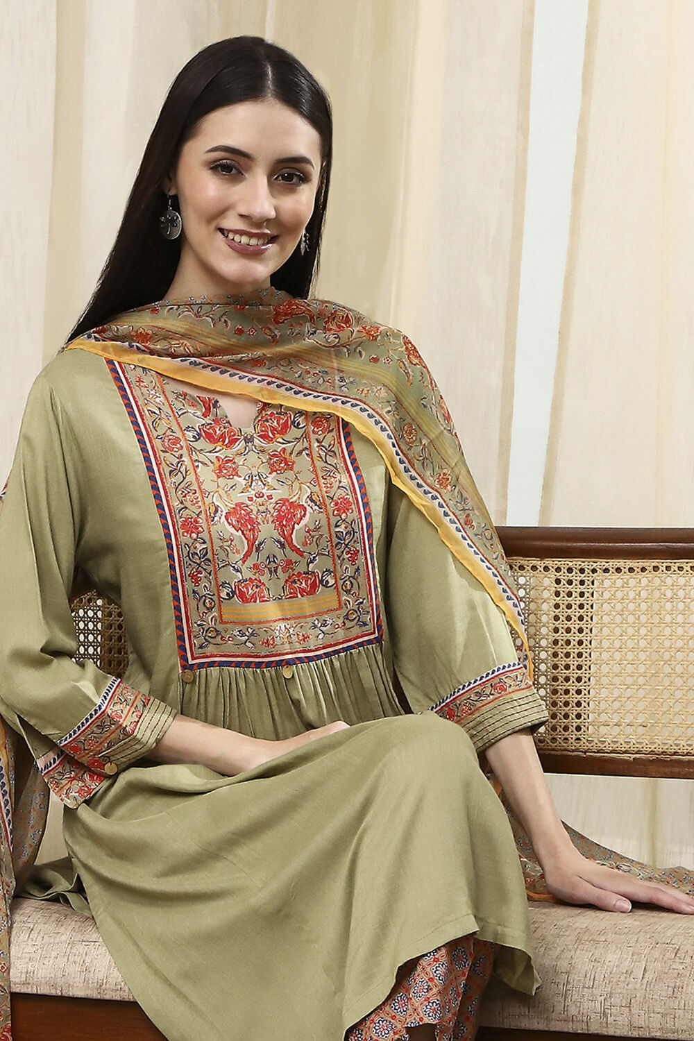 Brown Solid Gathered Straight Suit Set image number 0