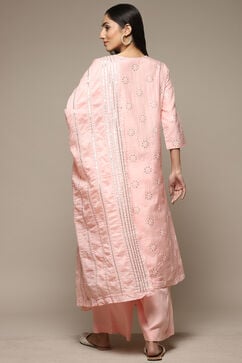 Powder Pink Cotton Blend Straight Kurta Palazzo Suit Set image number 4