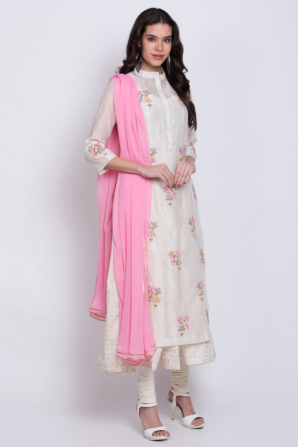 Off White Poly Cotton Flared Kurta Churidar Suit Set image number 3