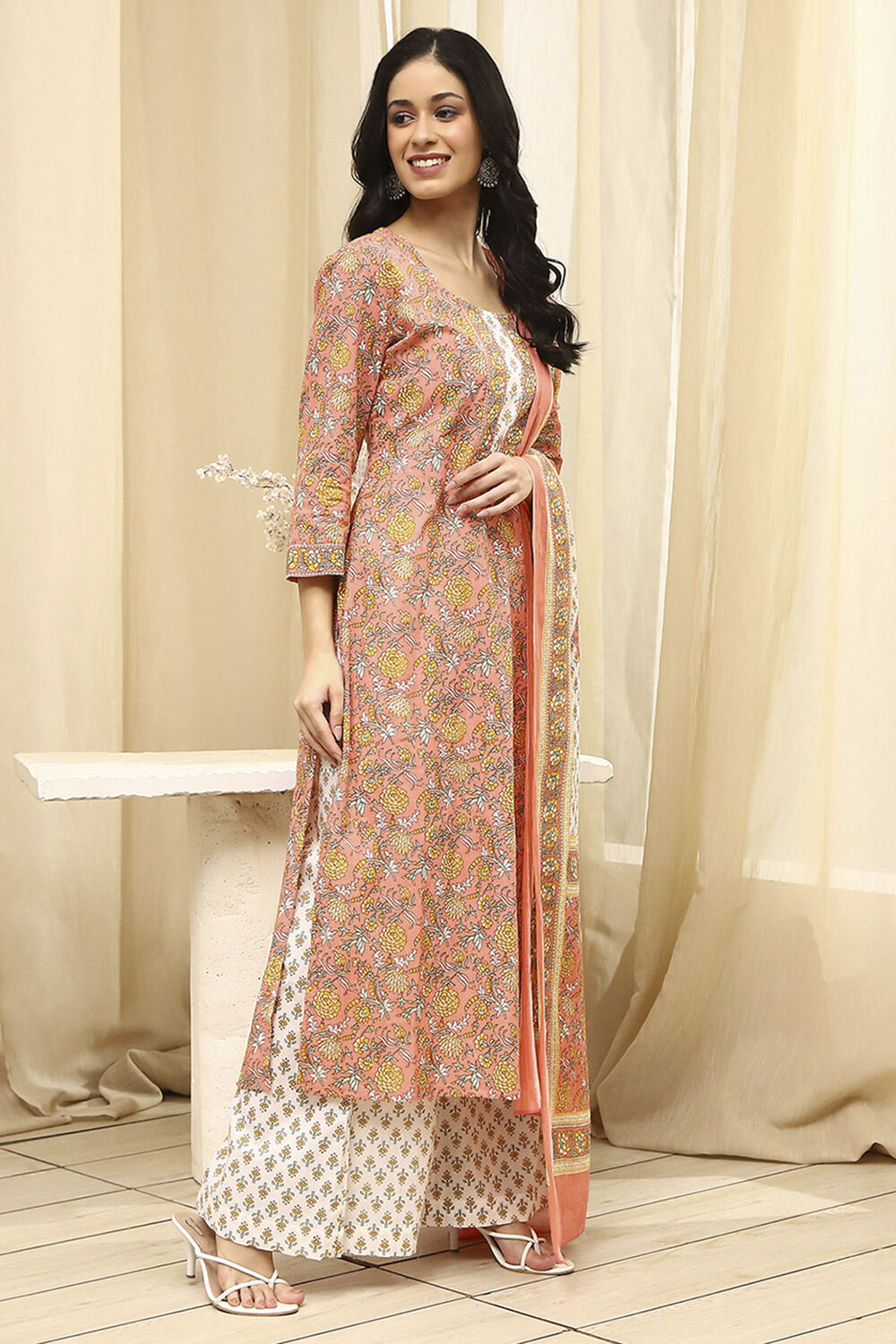 Lime Green and White Cotton Screen Print Unstitched Suit Set image number 5