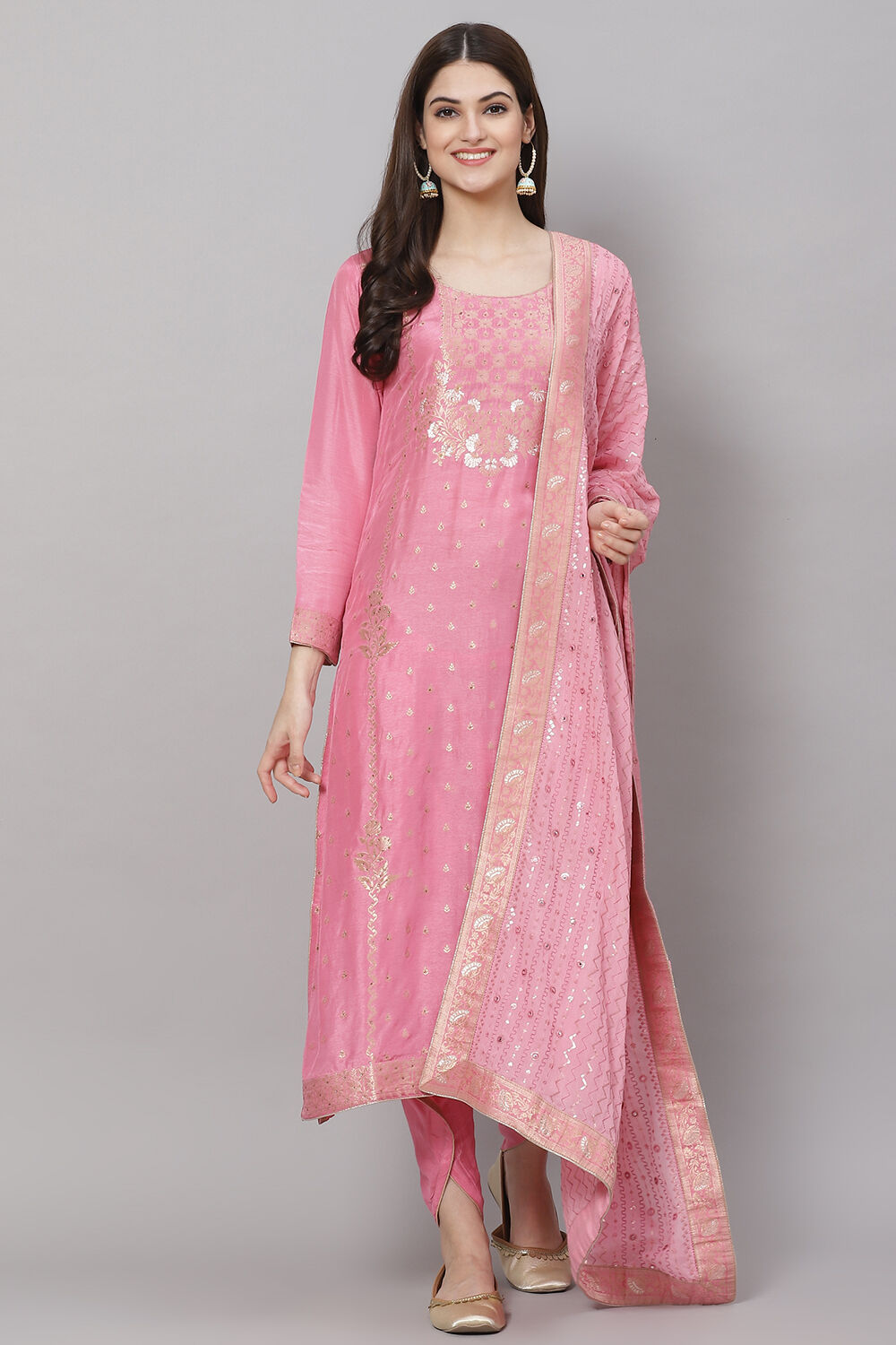 Light Brown Silk & Tussar Machine Embroidered Unstitched Suit Set image number 0