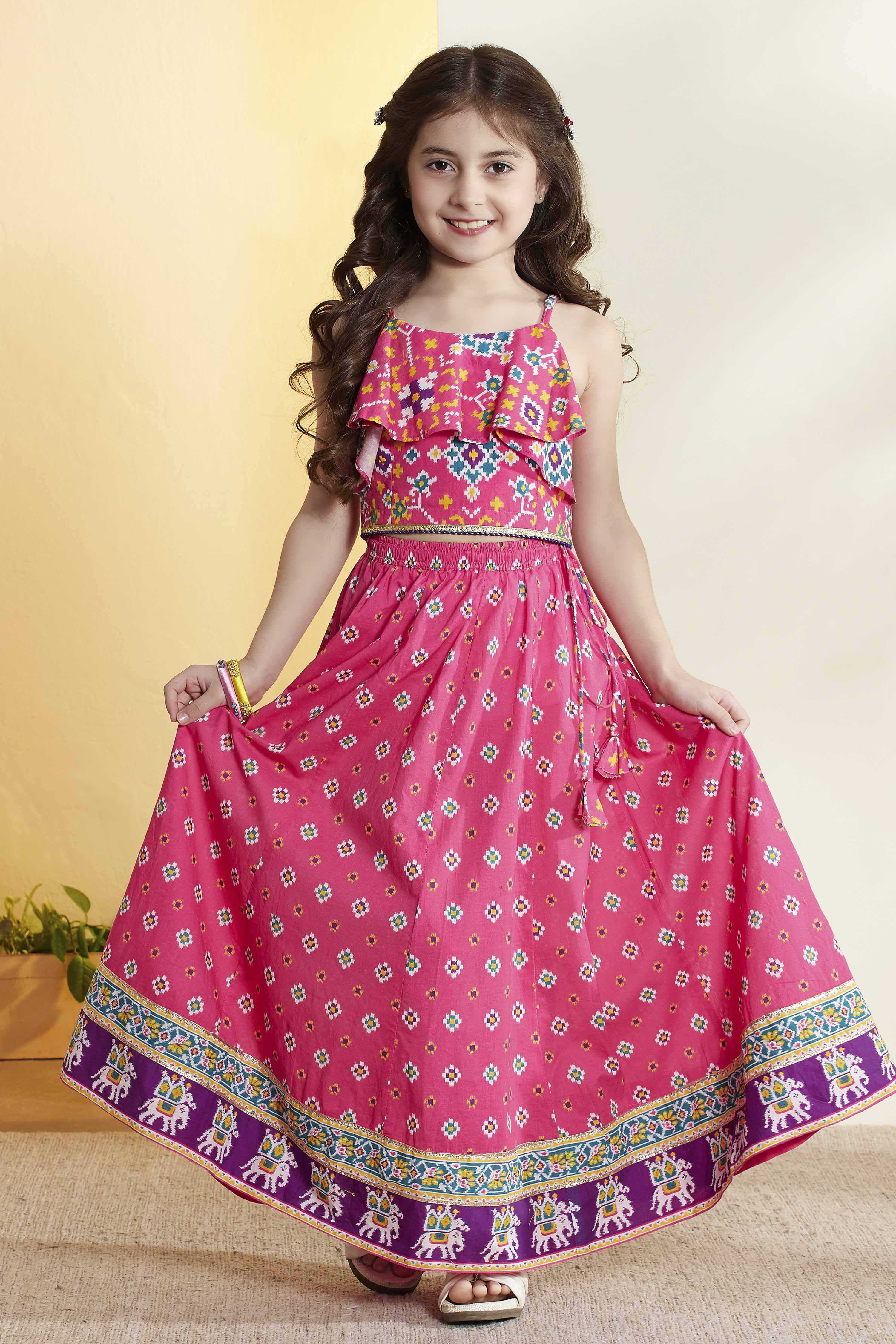 Pink Printed Cotton Lehenga Set image number 0