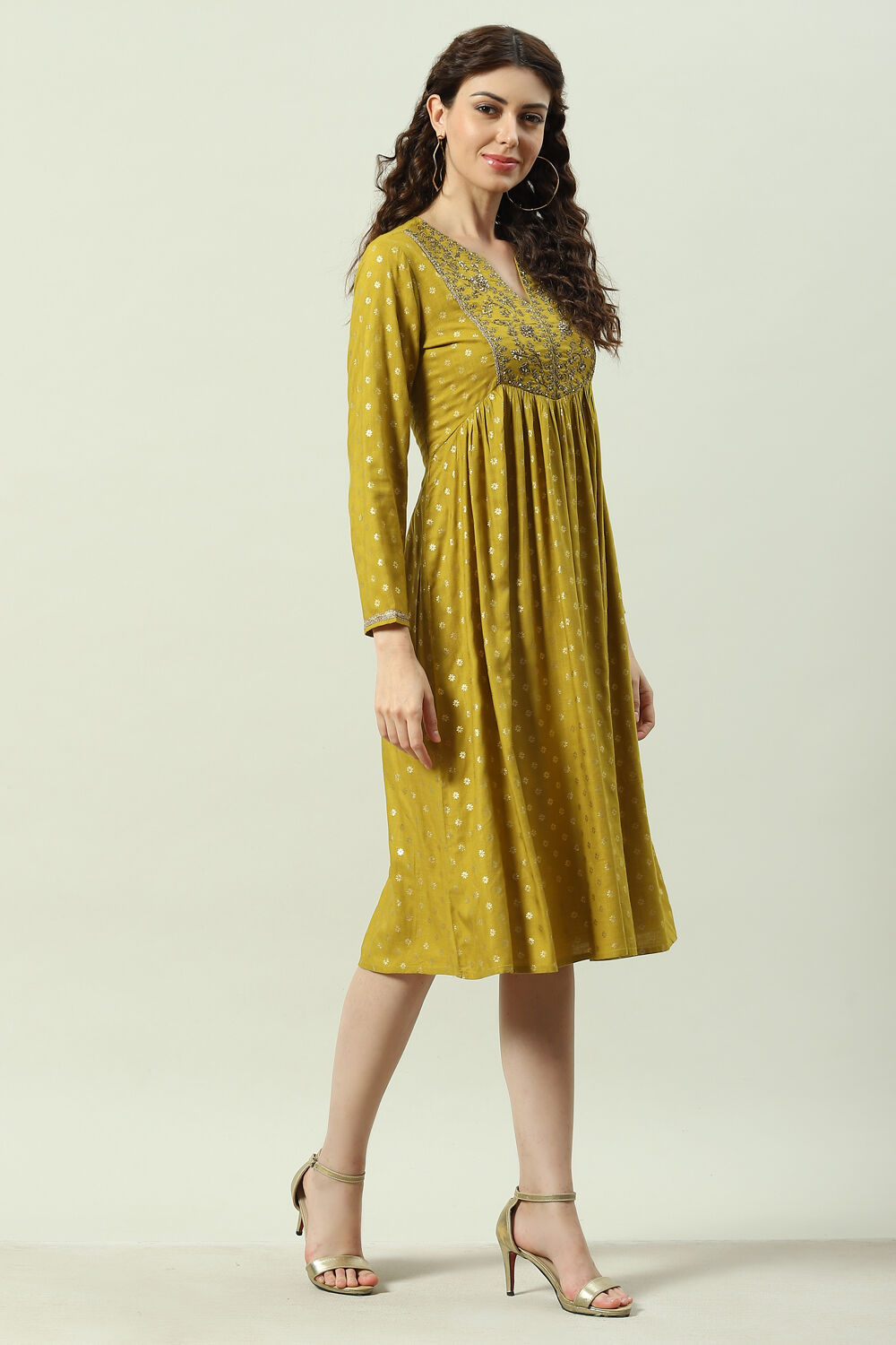 Green Rayon Flared Printed Kurta Dress image number 3