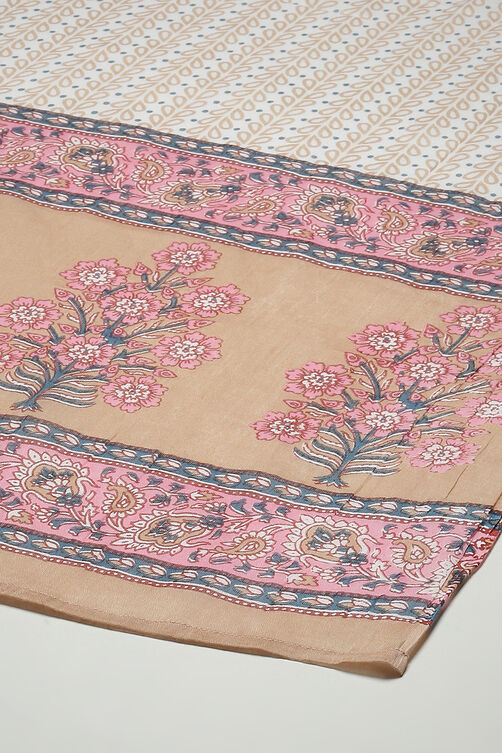 Peach Cotton Hand Block Print Unstitched Suit Set image number 7