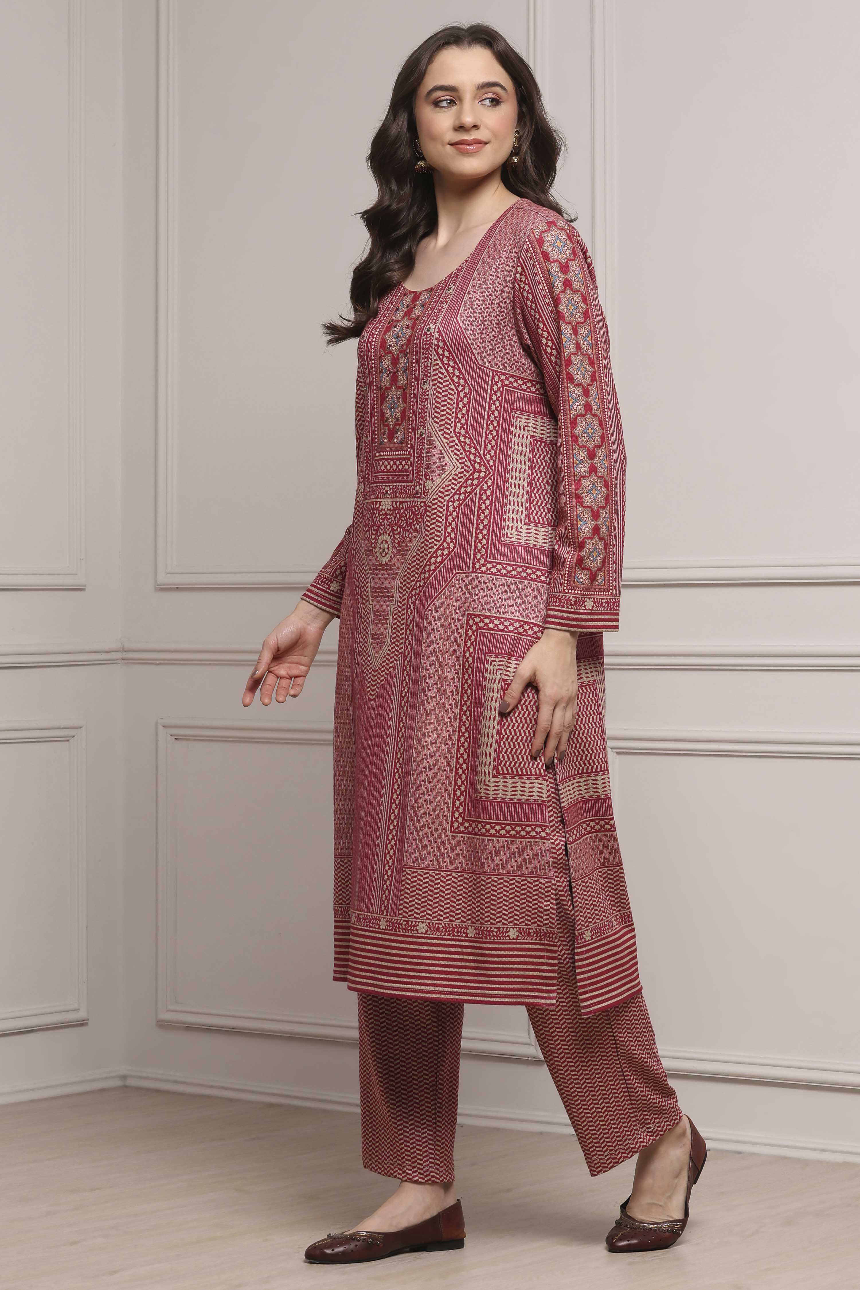 Pink Polyester Straight Printed Kurta Pants Set image number 3