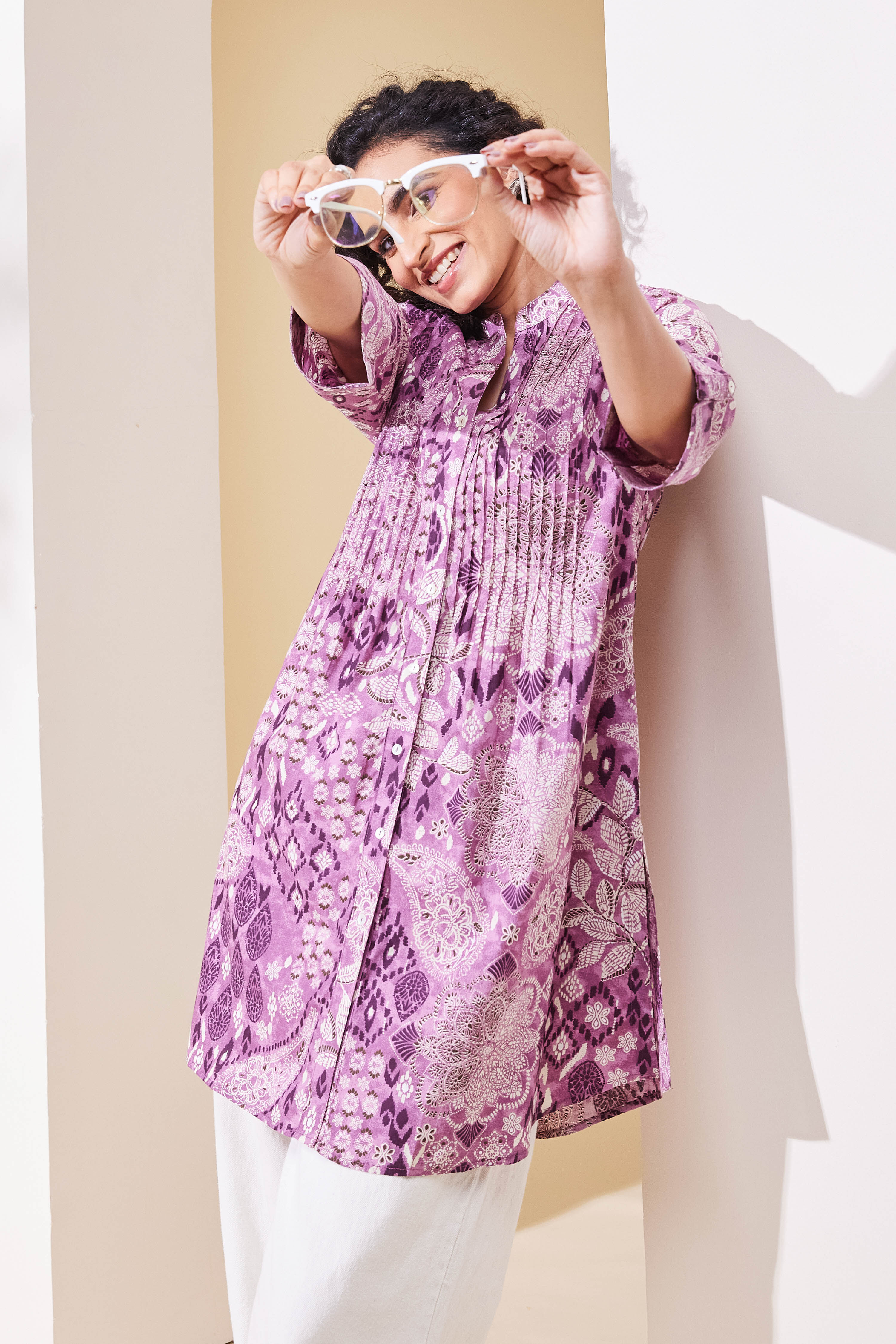 Purple Cotton Printed A-Line Kurta image number 7
